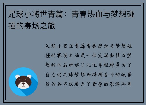 足球小将世青篇：青春热血与梦想碰撞的赛场之旅